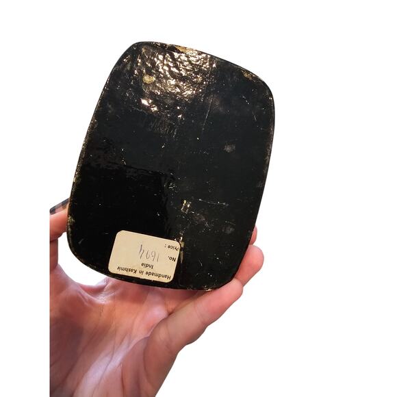 Vintage Mid Century Handmade Hand painted in Kashmir Trinket Box Yellow Brown - Picture 4 of 5